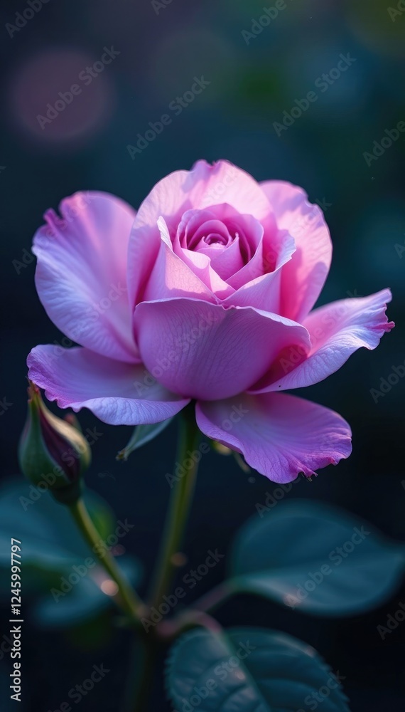 Obraz premium Delicate petals unfurl in shimmering hues of lavender and rose, gentle bloom, floral, night garden