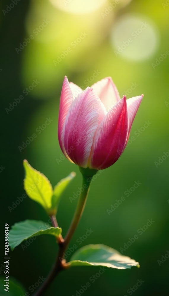 Delicate pink and white petal unfolding on a branch in the morning light, green, flowers, forest Delicate pink and white petal unfolding on a branch in the morning light, green, flowers, forest