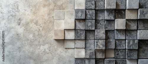 Abstract wall texture featuring ceramic blocks and a concrete surface with a vertical seam suitable for backgrounds or design elements.