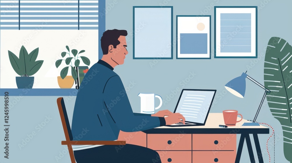 Business professional working remotely from a home office with a laptop and neatly organized desk, capturing the balance of professionalism and comfort in a remote work environment Business professional working remotely from a home office with a laptop and neatly organized desk, capturing the balance of professionalism and comfort in a remote work environment