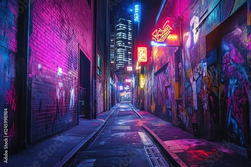 Neon-lit city alley at night, graffiti art, urban background, perfect for cyberpunk themes