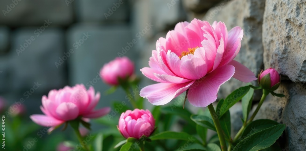 Fototapeta premium Delicate pink peonies bloom on a gray stone wall, flowers, flowers in pot, garden