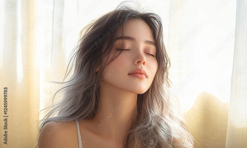 Serene Portrait of Young Asian Woman with Long Hair in Soft Natural Light Minimalist Style Serene Portrait of Young Asian Woman with Long Hair in Soft Natural Light Minimalist Style
