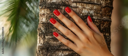 Elegant European woman's manicured hand with vibrant red nails resting against a palm tree trunk, creating a tropical and stylish backdrop.