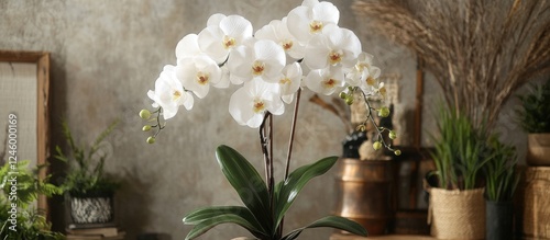 Elegant white Phalaenopsis Orchid in bloom showcasing home gardening and tropical plant decor in a stylish domestic setting photo