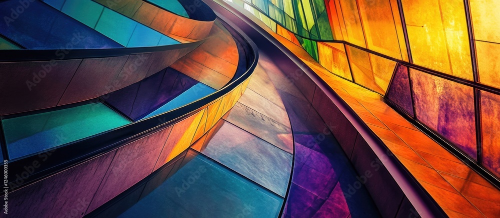 Fototapeta premium Colorful geometric patterns in abstract architecture showcasing vibrant curves and sharp angles reflective of modern design principles.