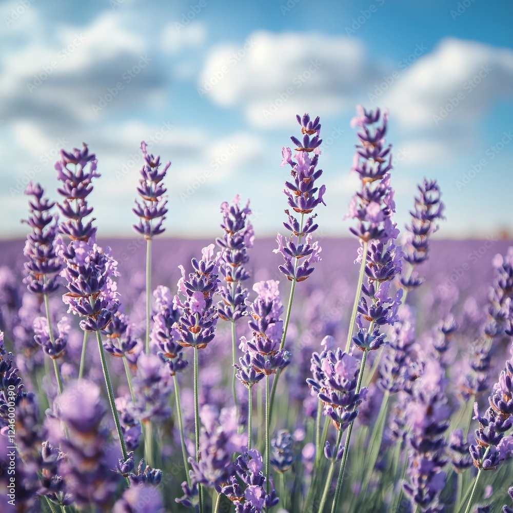 Naklejka premium Serene Lavender Field Under Clear Blue Sky with Fluffy Clouds