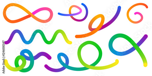 Abstract Color Rainbow Gradient Shapes Set. Vector Graphic with Wavy Lines in Bright Colors. Colorful Fluid Wave Pattern. Squiggly Design Elements.