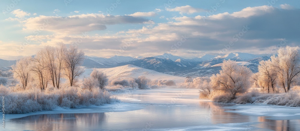 Georgian winter landscape showcasing serene river reflecting frosty trees and snow-capped mountains under a soft blue sky. Georgian winter landscape showcasing serene river reflecting frosty trees and snow-capped mountains under a soft blue sky.