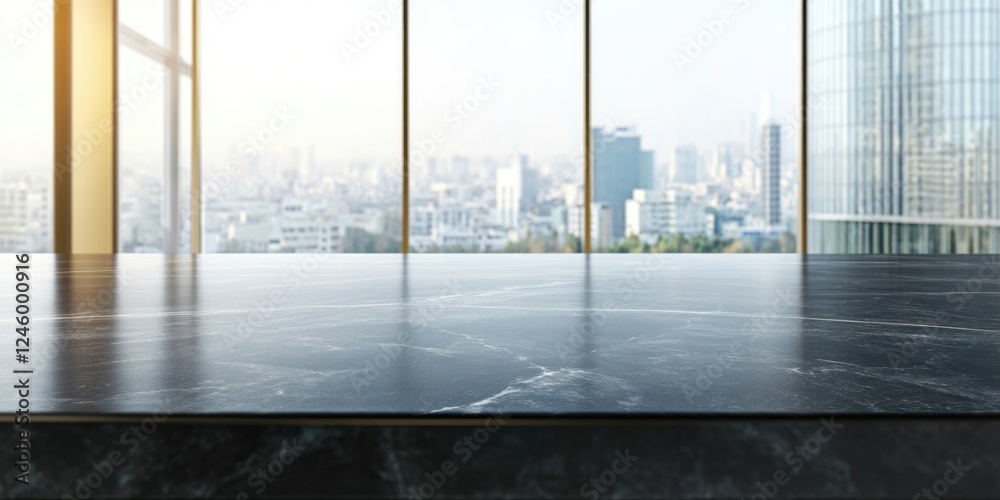 Fototapeta premium Elegant black marble tabletop with expansive city view through glass windows ideal for showcasing text or product advertising space.