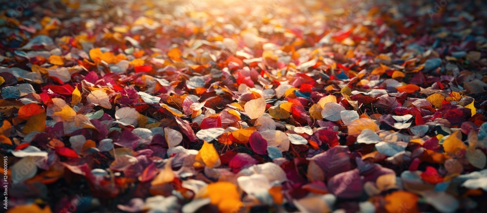 Vibrant autumn leaves covering the ground creating a colorful natural landscape during sunset Vibrant autumn leaves covering the ground creating a colorful natural landscape during sunset