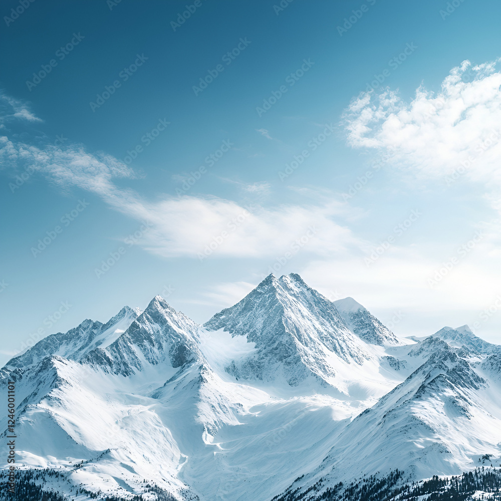 Majestic Winter Peaks:  A breathtaking panoramic view of snow-capped mountain peaks under a vibrant blue sky.  The scene evokes a sense of serenity, adventure, and the raw beauty of nature. 