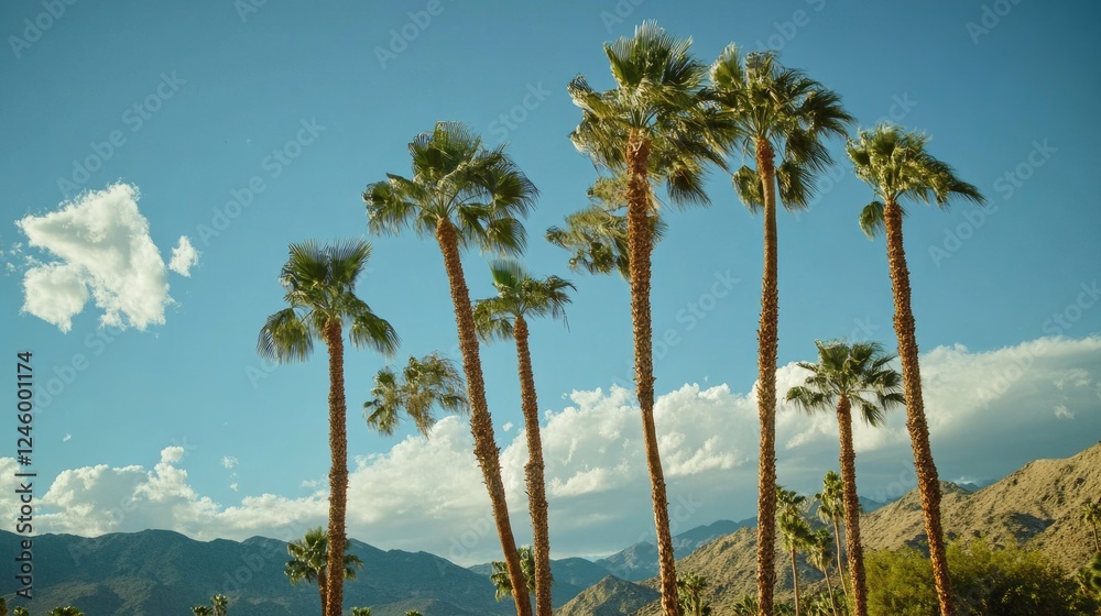 Palm Trees Stand Tall Against a Clear Blue Sky and Mountain Backdrop Palm Trees Stand Tall Against a Clear Blue Sky and Mountain Backdrop