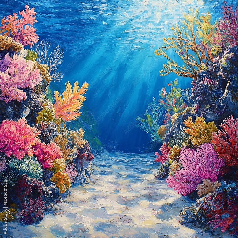 Naklejka premium Vibrant Coral Reef Scene Underwater with Sunlight and Marine Life