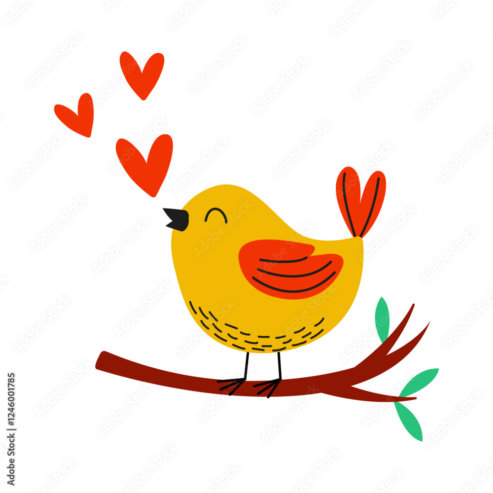 An adorable happy yellow bird is perched on a branch surrounded by lovely love hearts