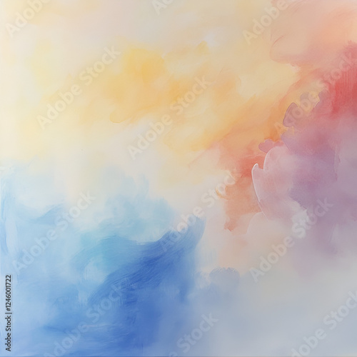 Abstract Skies: A captivating abstract painting of ethereal clouds in hues of blue, yellow, pink and red evoke a sense of tranquility and hope.  