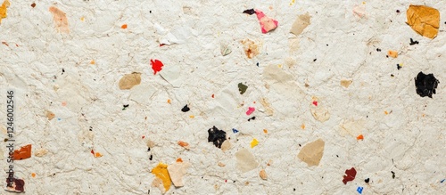 Textured background of recycled paper featuring colorful flecks and natural elements creating an eco-friendly aesthetic for design projects