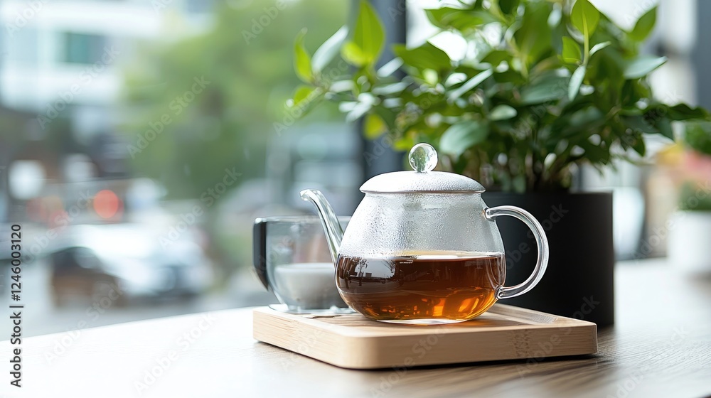 Tea brewing, cafe, city view, relaxation