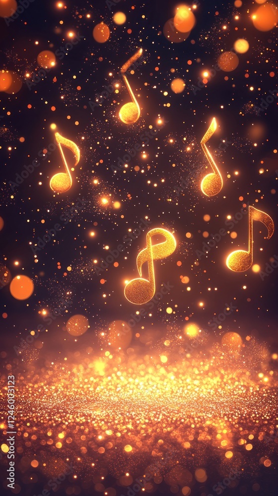 Obraz premium Golden musical notes falling on glitter; abstract background for music