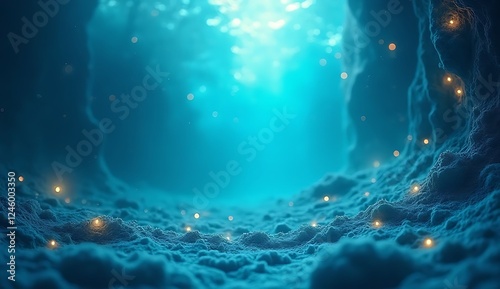 underwater scene, deep ocean, bioluminescent plankton, shafts of light, ethereal blue glow, cosmic atmosphere, starry water, surreal seascape, dreamlike aquatic world, mystical marine environment, 