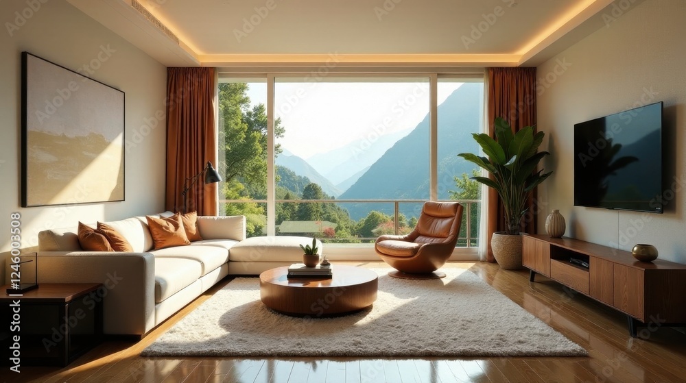 Fototapeta premium Serene Mountain View Living Room Design with Modern Furniture and Luxurious Decor
