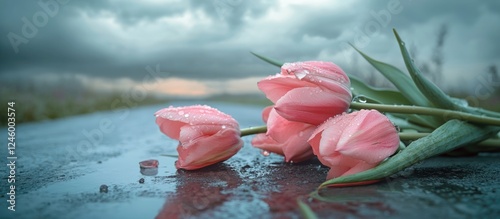 Delicate pink tulips and unbloomed buds with water droplets on petals alongside a pathway under a moody cloudy sky and clear glass backdrop photo