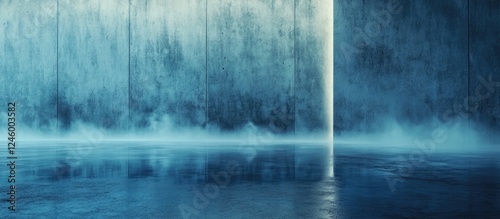 Mysterious fog enveloping a blue concrete space with illuminated vertical line creating an atmospheric and surreal ambiance