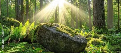 Sunlight streaming through trees illuminating large rocks in a lush green forest filled with ferns and diverse vegetation. photo