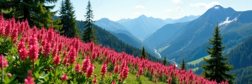 Fototapeta premium Blooming fireweed on mountain slope amidst spruce trees, landscape, fireweed, spruce