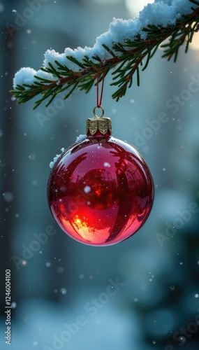 Glass red ball suspended from a thin fir branch, glass, snowflakes, suspended