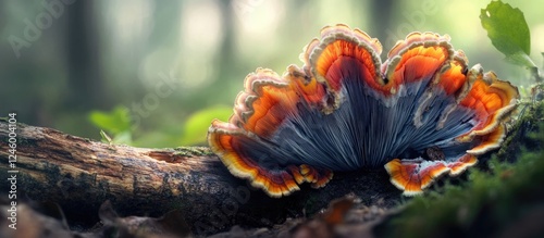 Colorful Trametes versicolor fungus thriving on decaying wood in a serene forest environment. photo