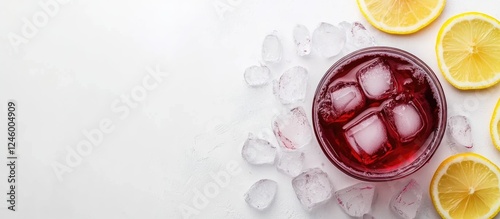 Refreshing hibiscus tea with ice and lemon slices on a light background ideal for beverage advertisements and recipe promotion photo