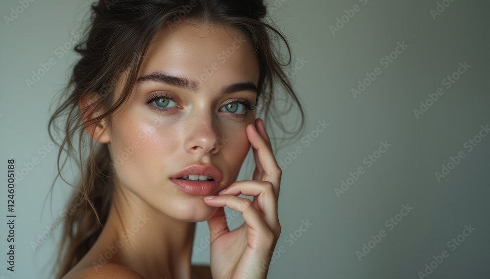 A stunning young woman with long, flowing hair gazes thoughtfully at the camera, her delicate features illuminated by soft light. Her flawless skin and expressive green eyes create an enchanting A stunning young woman with long, flowing hair gazes thoughtfully at the camera, her delicate features illuminated by soft light. Her flawless skin and expressive green eyes create an enchanting