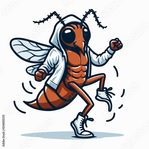 Buzzing with Style: A cartoon ant in a white hoodie and sneakers, flexing its muscles and buzzing with confidence.  This quirky illustration captures the ant's determined spirit.