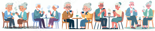 vector set of grandfather and grandmother sitting drinking coffee