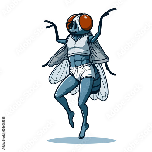 Fly Fashion: A humorous illustration of a fly, wearing a white bra and underwear, striking a sassy pose with sunglasses and a confident smile.