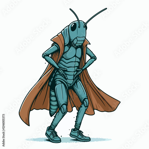 Super Grasshopper: A stylized illustration of a grasshopper superhero, clad in a brown cape and sneakers, striking a confident pose. The artwork is detailed.