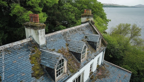 Overgrown Manor House Roof, Lochside, Scotland photo