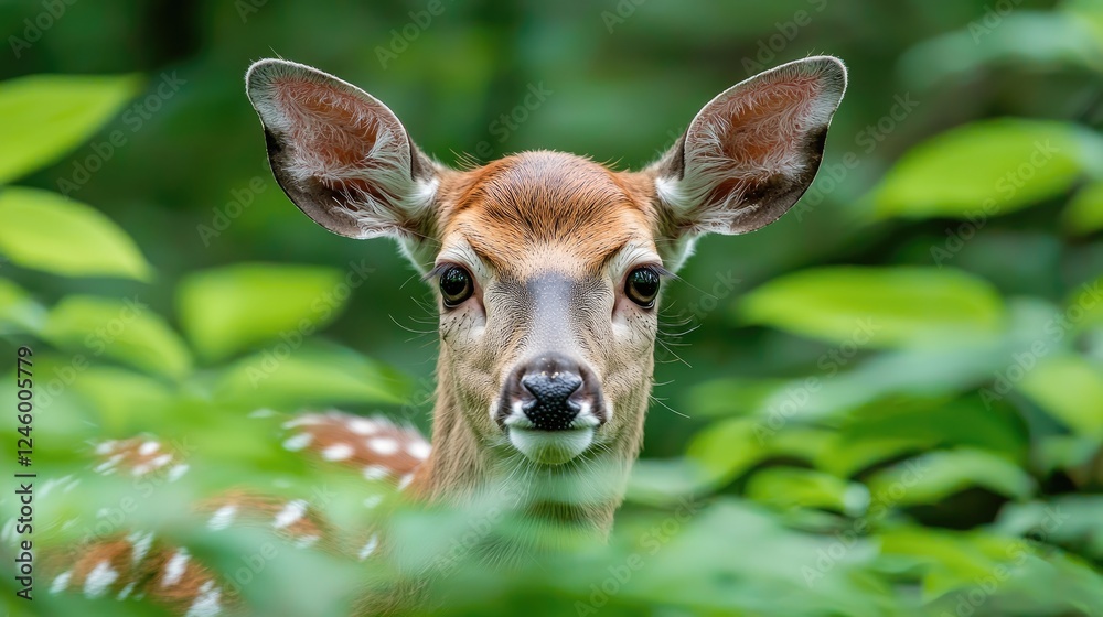Whitetail deer fawn in forest, summer foliage Whitetail deer fawn in forest, summer foliage