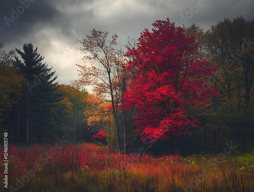 A vibrant scene of a red maple tree in a lush forest during autumn, surrounded by colorful foliage and dramatic clouds, capturing the essence of nature's beauty and seasonal change photo