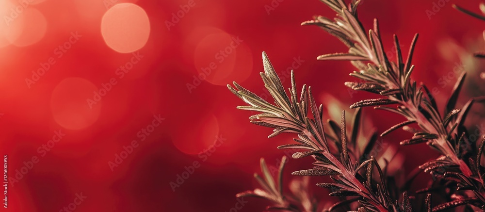 Fresh rosemary leaves against a red background with ample copy space for text or design elements Fresh rosemary leaves against a red background with ample copy space for text or design elements