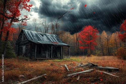 Autumn storm rages over rustic cabin in woods photo