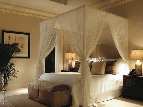 Elegant four poster bed with sheer fabric creates a luxurious and cozy ambiance
