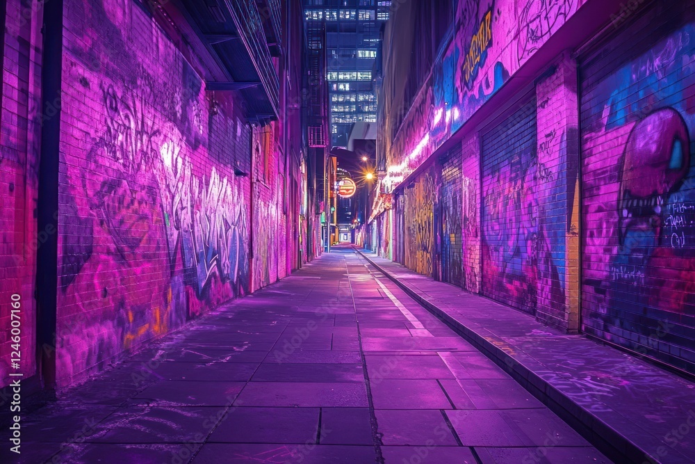 Neon-lit graffiti alley at night, urban background, city backdrop Neon-lit graffiti alley at night, urban background, city backdrop