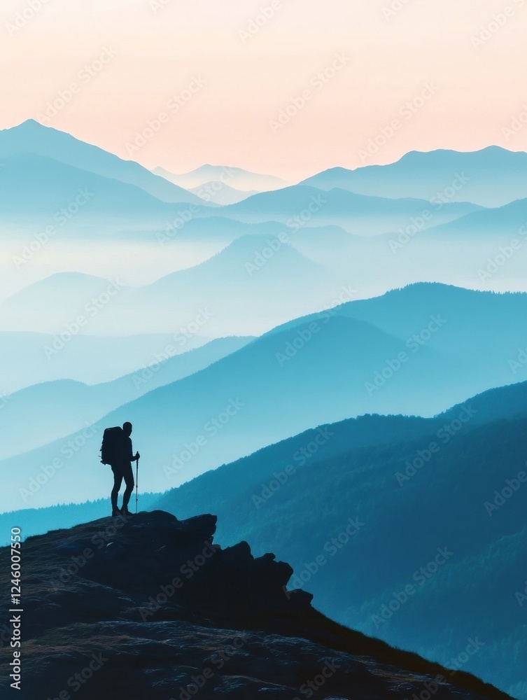 Fototapeta premium Silhouette of a hiker on a mountain ridge with stunning views at sunrise. Generative AI