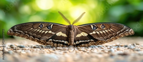 Giant tropical brown swallowtail moth resting on a pebbled surface with a blurred green background showcasing its intricate wing patterns photo