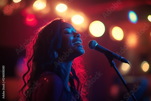 Beautiful woman singing on a concert in to a microphone. Party lights in the blurred background	