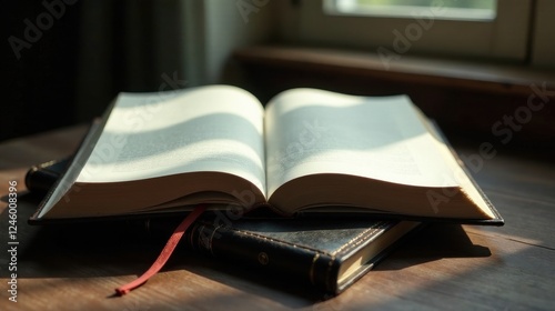 Illuminated Pages A Book Resting Open on a Dark Wooden Surface Bathed in Sunlight