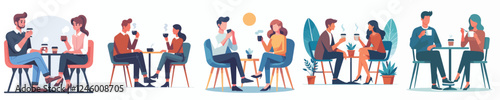 vector set of young couple sitting drinking coffee