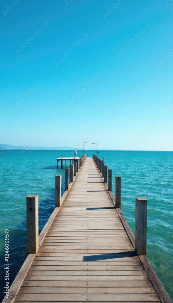 Pier extends into distance with clear blue sky above, landscape, serene, blue Pier extends into distance with clear blue sky above, landscape, serene, blue